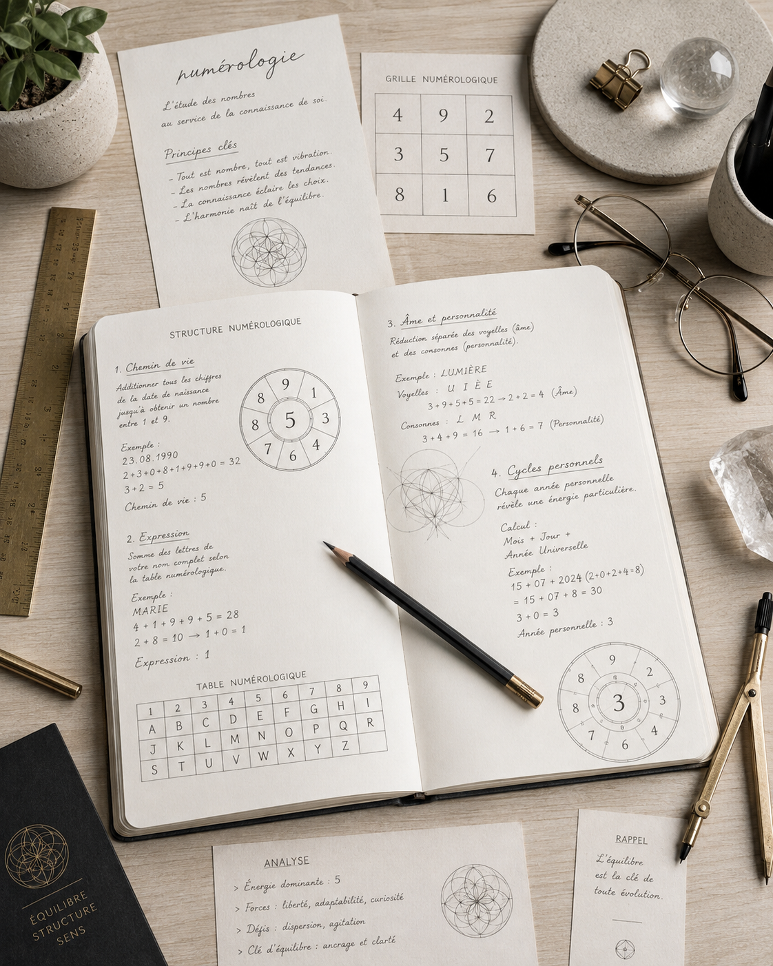 Table de travail — carnet et notes manuscrites de préparation d'un thème